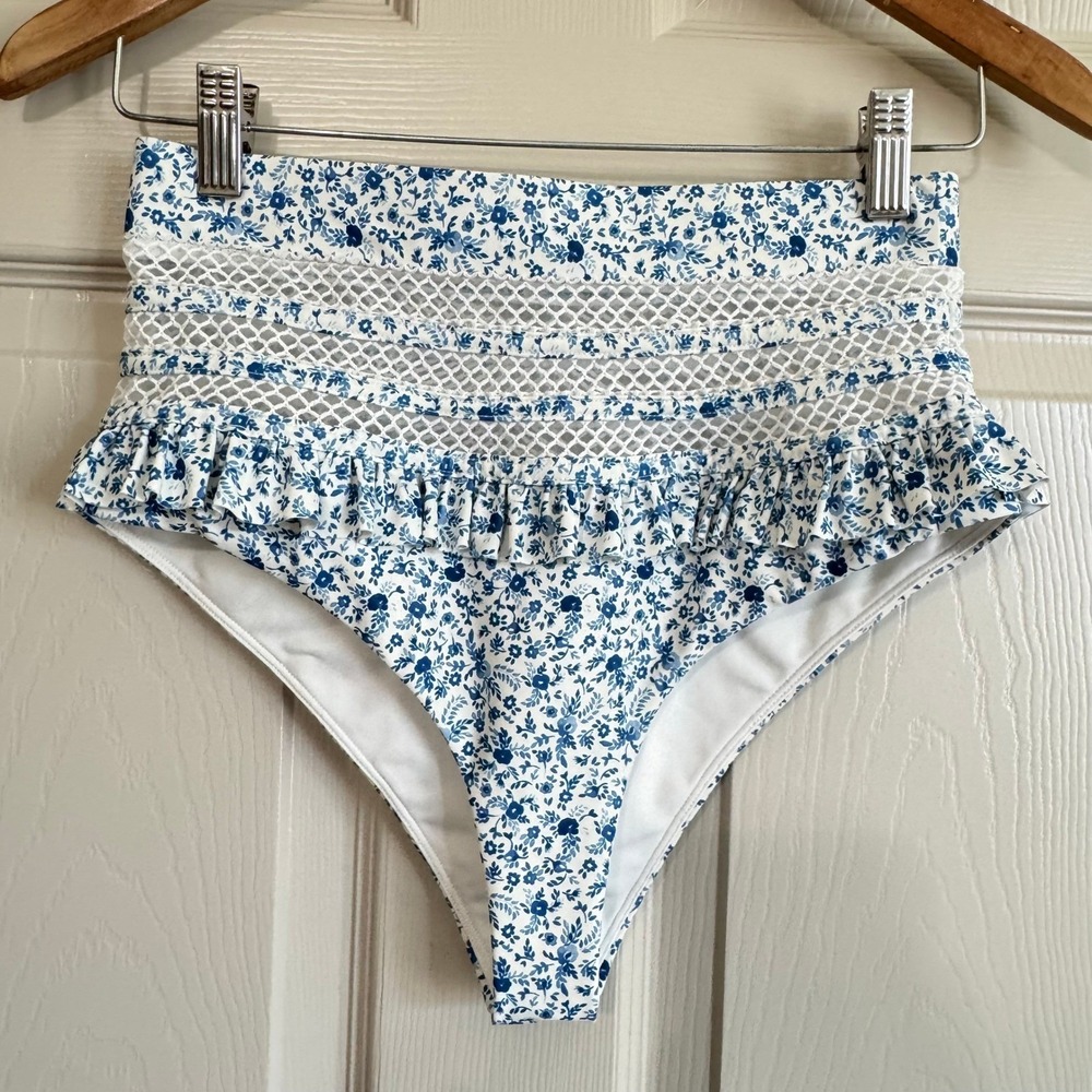 Tularosa Bikini Bottom Women S Blue Floral High Waisted Mesh Ruffle Swim Bottoms